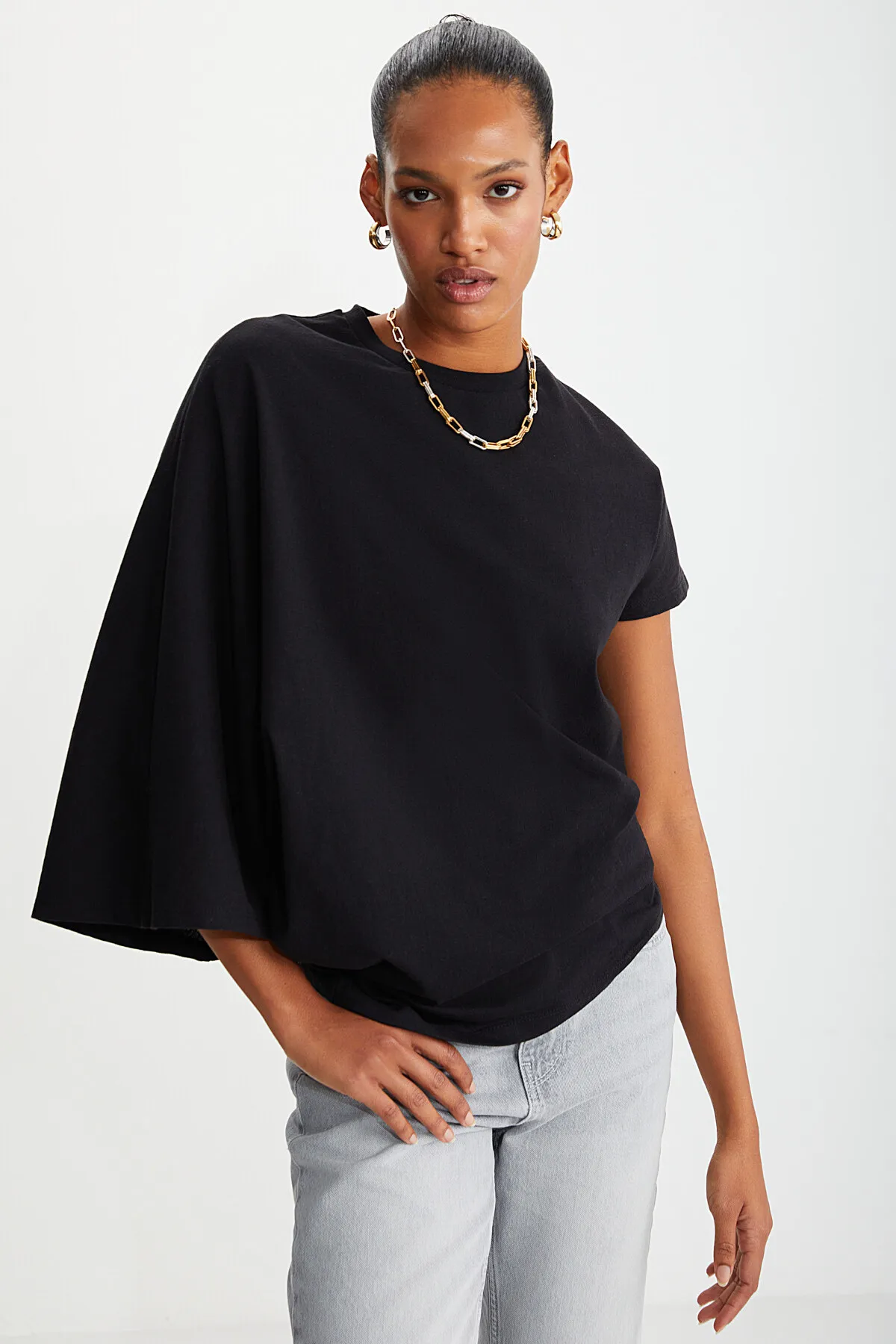 GRIMELANGE  Katie Asymmetrisches, entspanntes schwarzes T-Shirt