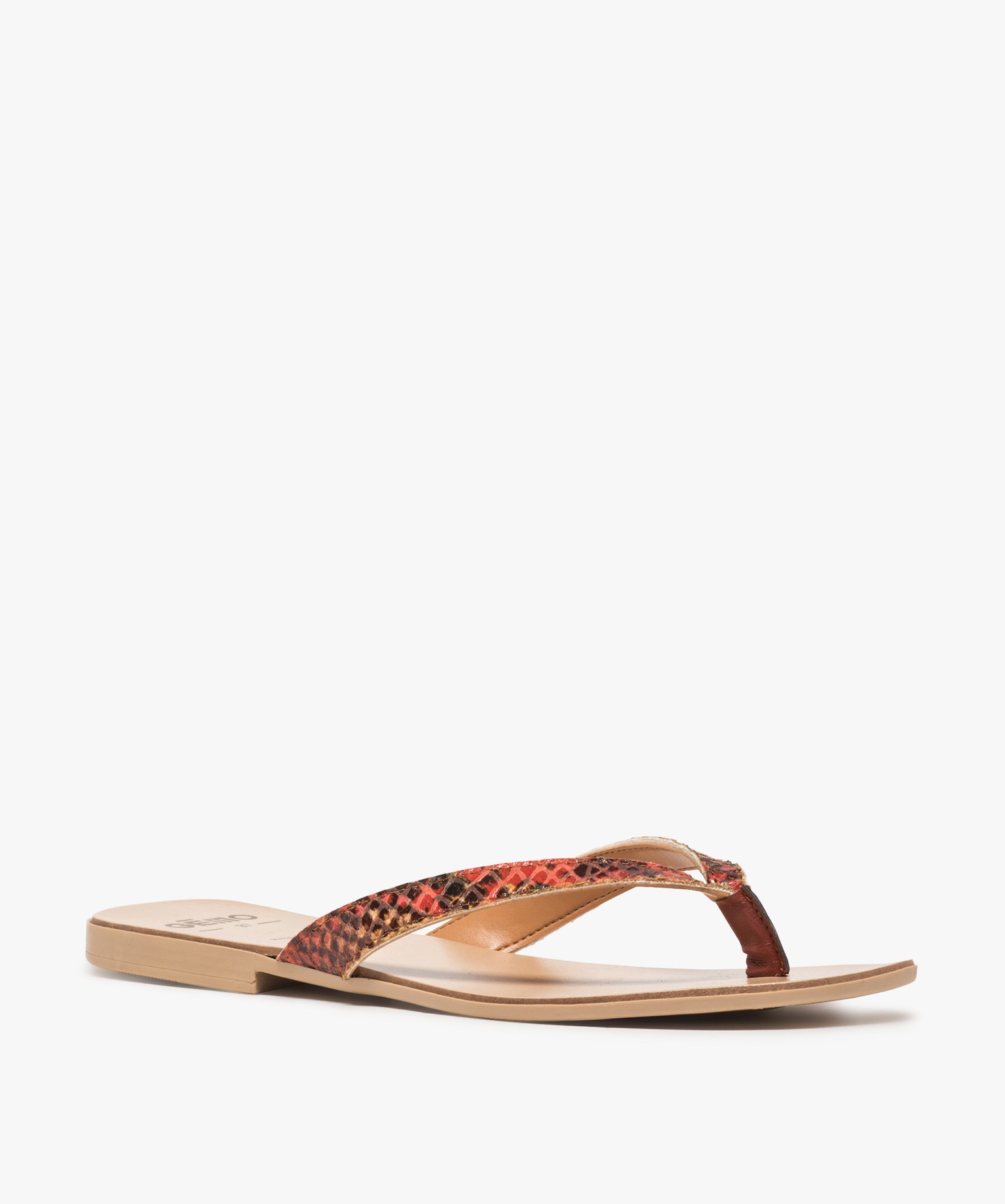 Sandales femme à talon plat et entre-doigts imitation cuir orange | GEMO