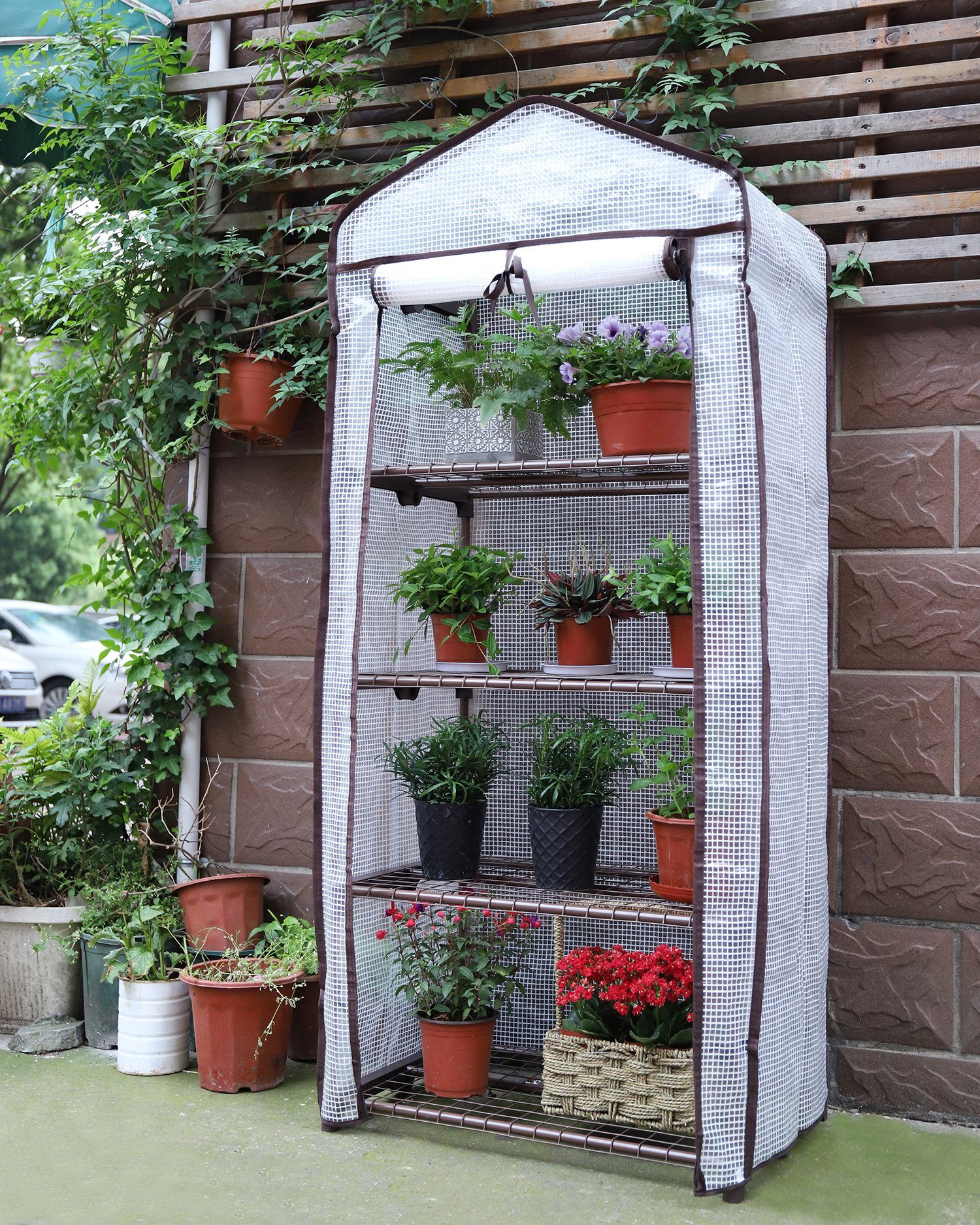 Sekey Foliengewächshaus Gewächshaus Klein Tomatenhaus Treibhaus mit 4 Regalebenen für Pflanzen, 69 x 49 x 158 cm Anzuchthaus Gartenhaus Frühbeet Gemüse Pflanzenhaus