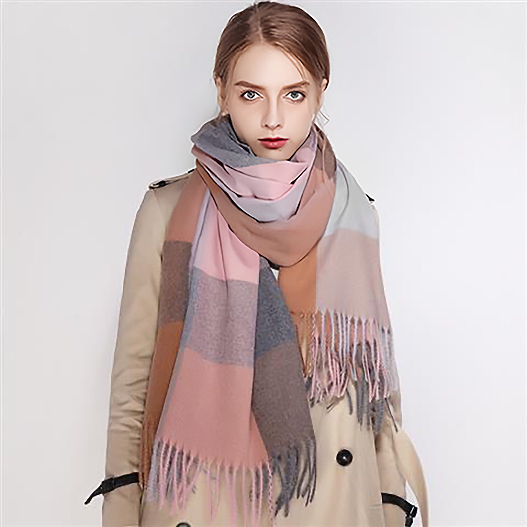 KUGI Wollschal Modeschal Warme Winter Schals XXL Schal Poncho Langer Damen Schal, (Quadratisch Deckenschal Karo Tartan Streifen Plaid Muster Fransen Weich Warm, XXL Oversized Herbstschal Poncho, Fashion Damen Winter Schal), Damen Schal - Kariert über