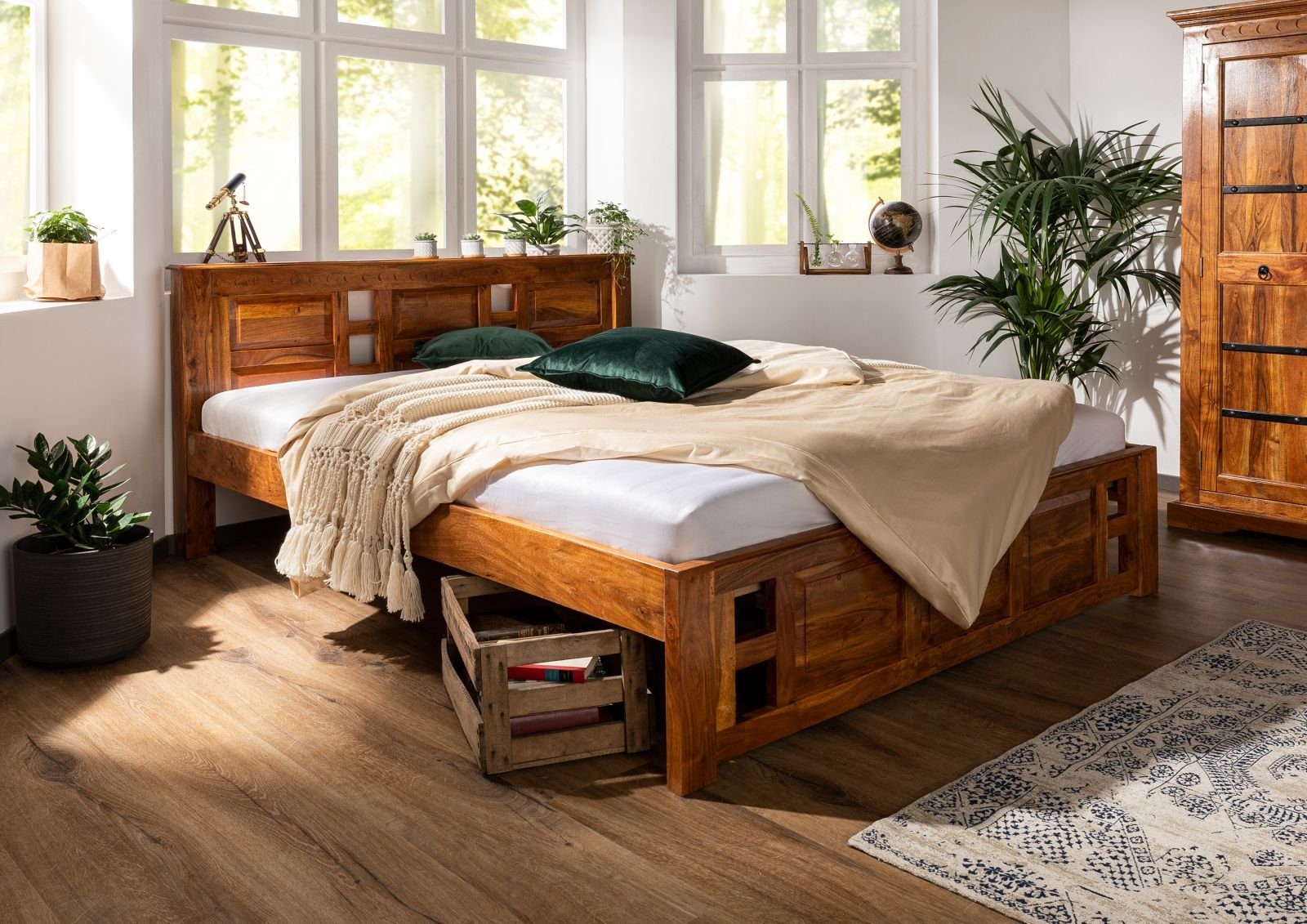Massivmoebel24 Massivholzbett Bett Akazie 140x200x90 honig lackiert OXFORD #0251