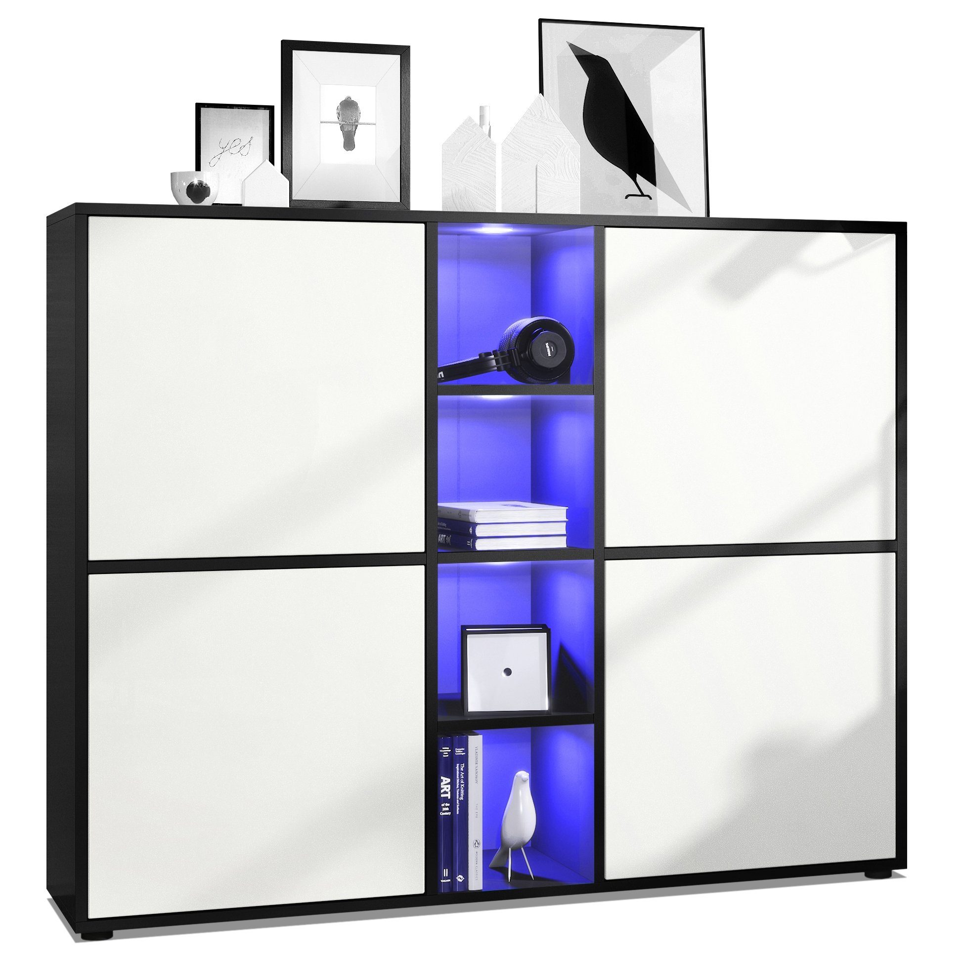 Vladon Highboard Cuba (Highboard, mit 12 Fächern, inkl. RGB LED Beleuchtung), Korpus in Schwarz matt / Fronten in Weiß matt (130,5x105,5x35,5 cm)