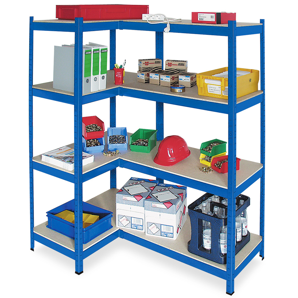 BRB Schwerlast-Steck-Kompletteckregal, blau, rechts, Tragkraft 265 kg/Ebene, HxBxT 1800x900/1300x400 mm