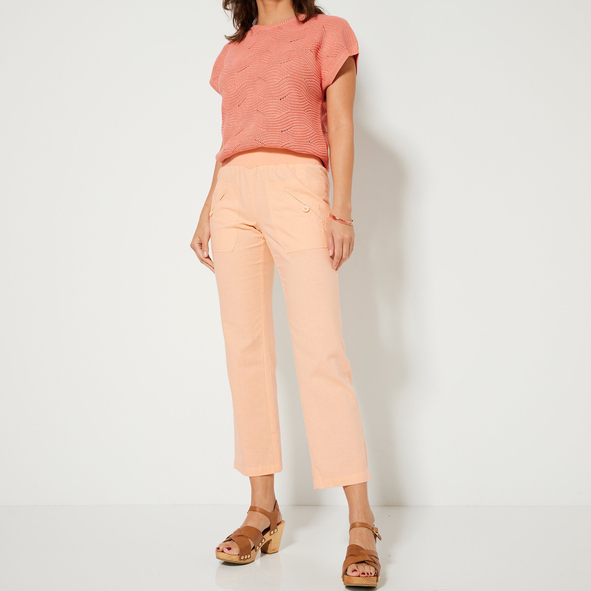 Pantalon coupe droite 7/8ème taille élastiquée, lin coton