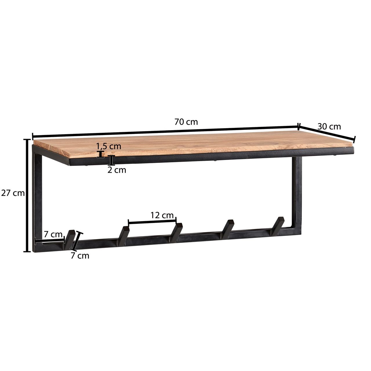 Wohnling Wandgarderobe 70x27x30 cm Holz Metall