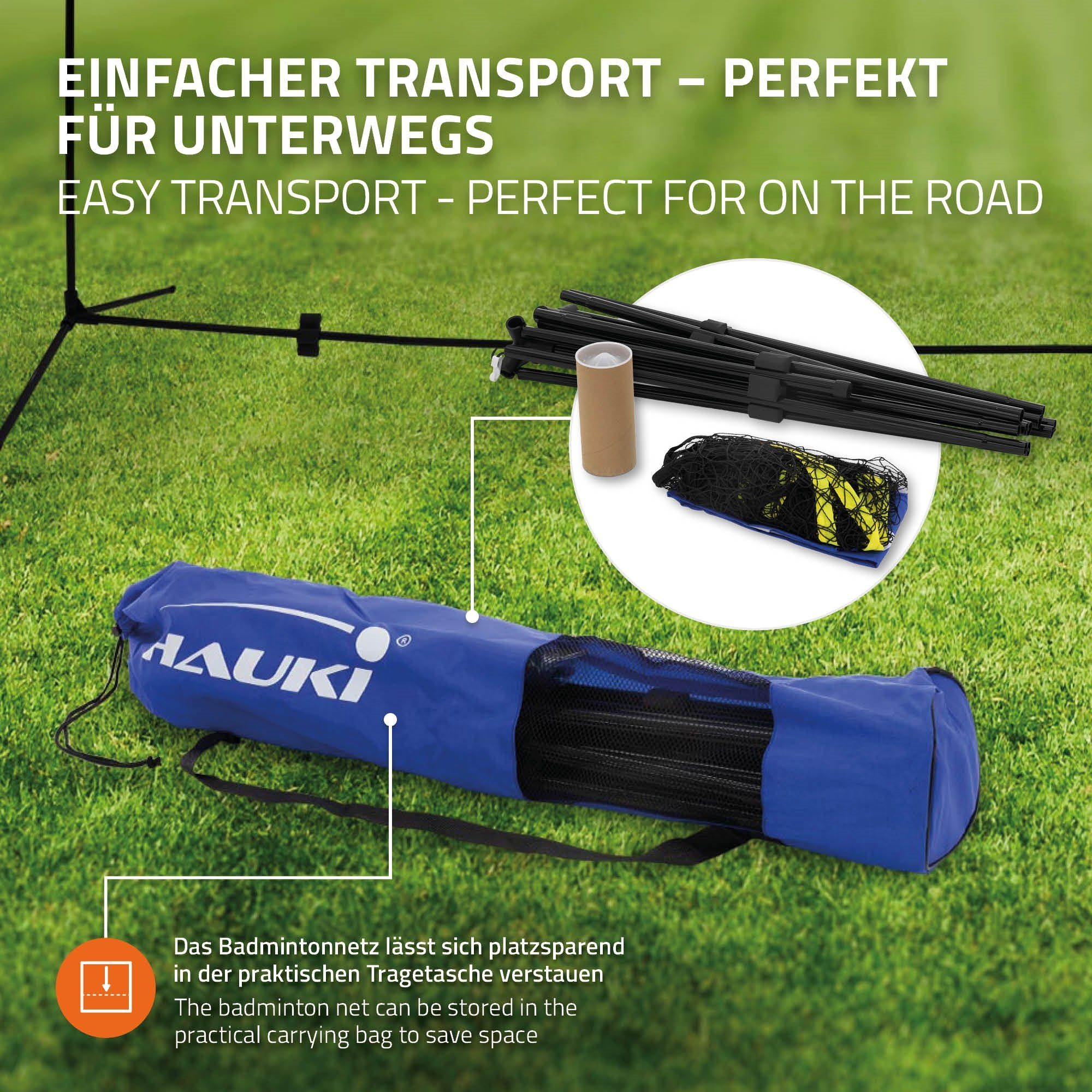 Hauki Badmintonnetz Tennisnetz Volleyballnetz Trainingsnetz Federballnetz Set (Komplett-Set, 5-St., Netz, Tragetasche, Federbälle), Blau 400cm 156cm inkl. 3x Federball Transporttasche Eisen-Gestell