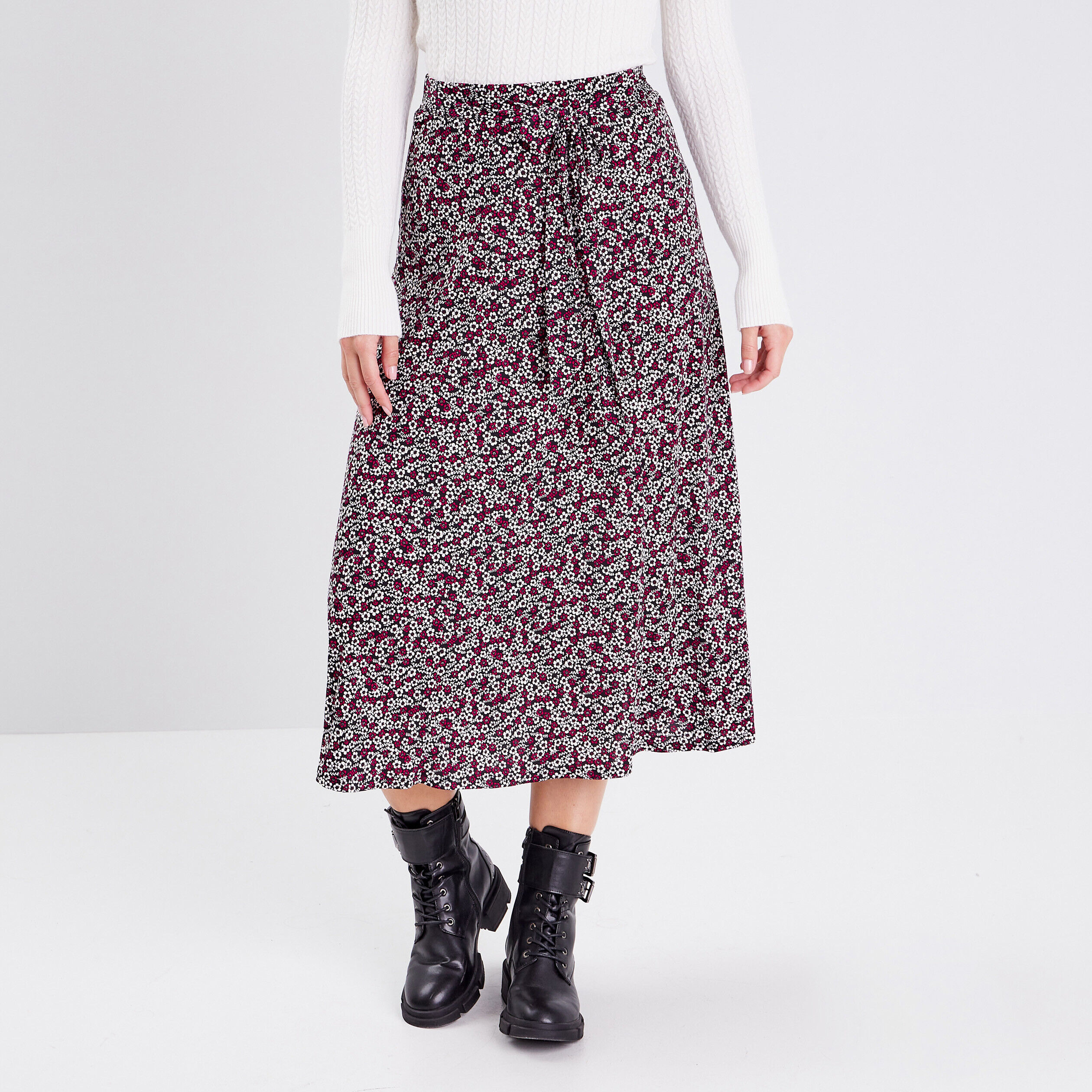 Jupe midi évasée denim noir femme | Cache Cache