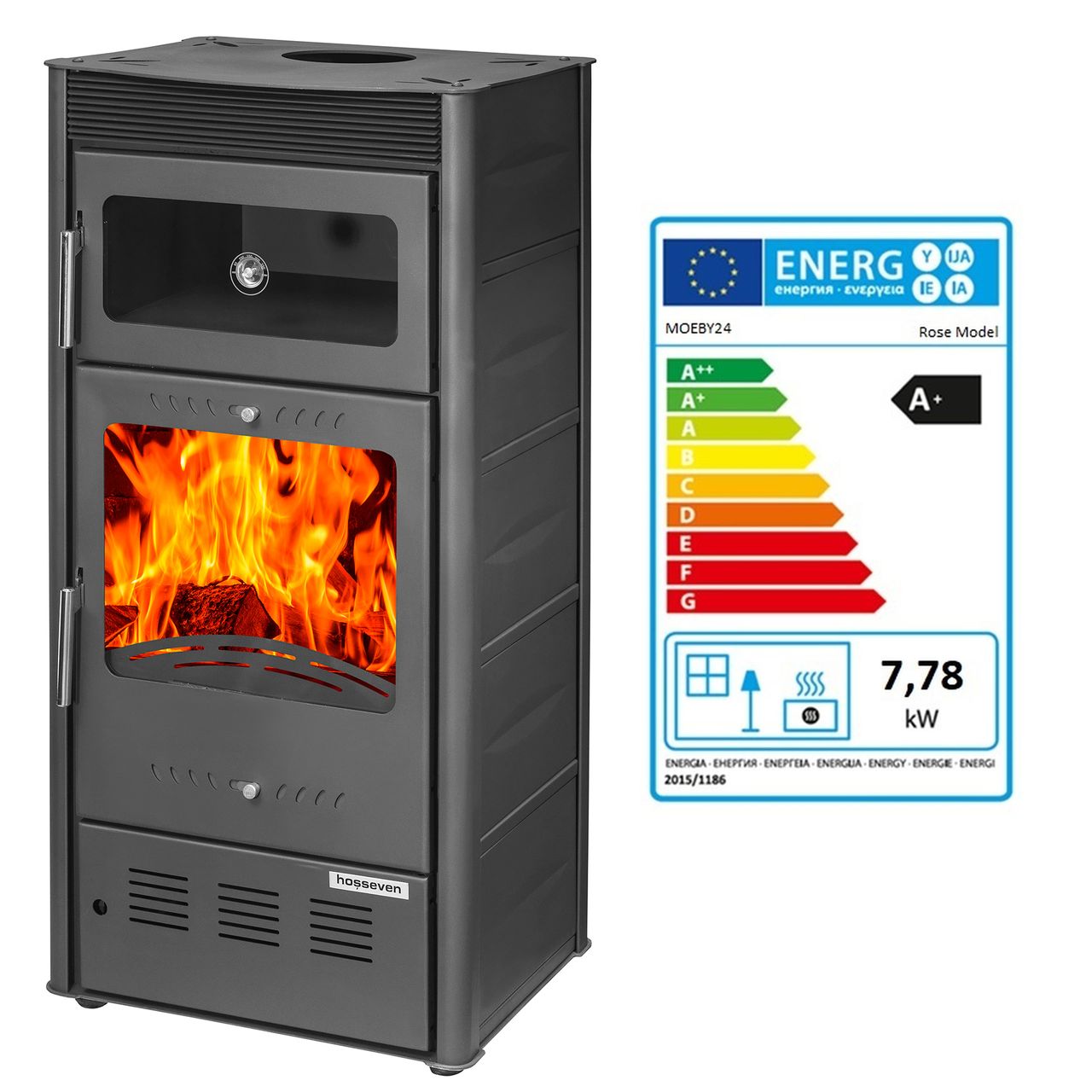 Moeby24 Kamin Ofen Kaminofen 150mm Rauchrohr 7,78 KW BimSchV 1-2 EEK A  Rose Ofen
