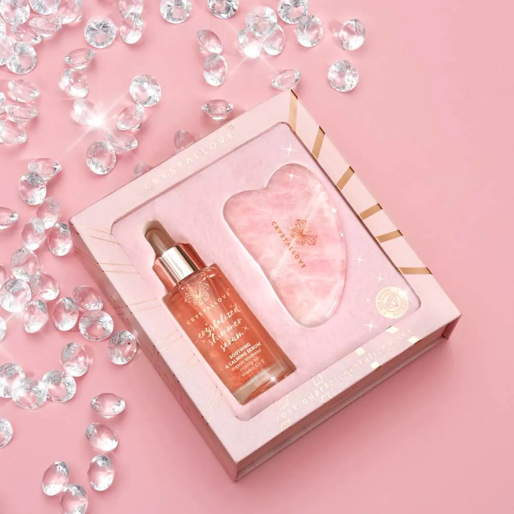 Crystallove serum za lice od ružičastog kvarca + ploča za masažu Gua Sha