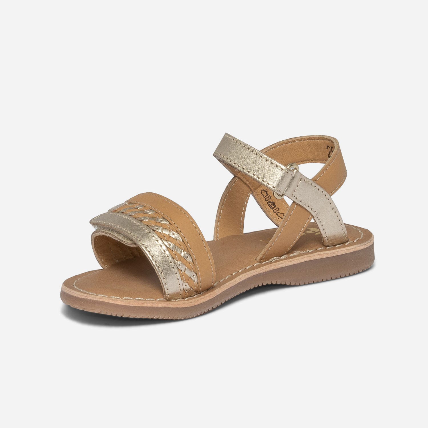 Sandale camel et doré en cuir à scratchs