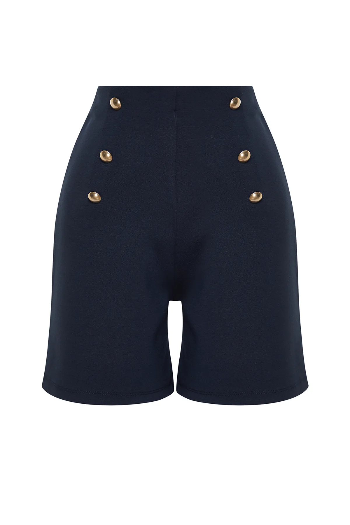 Trendyol Collection  Marineblaue, elegante Interlock-Strick-Shorts mit hoher Taille und goldenen Knöpfen TWOSS23SR00116