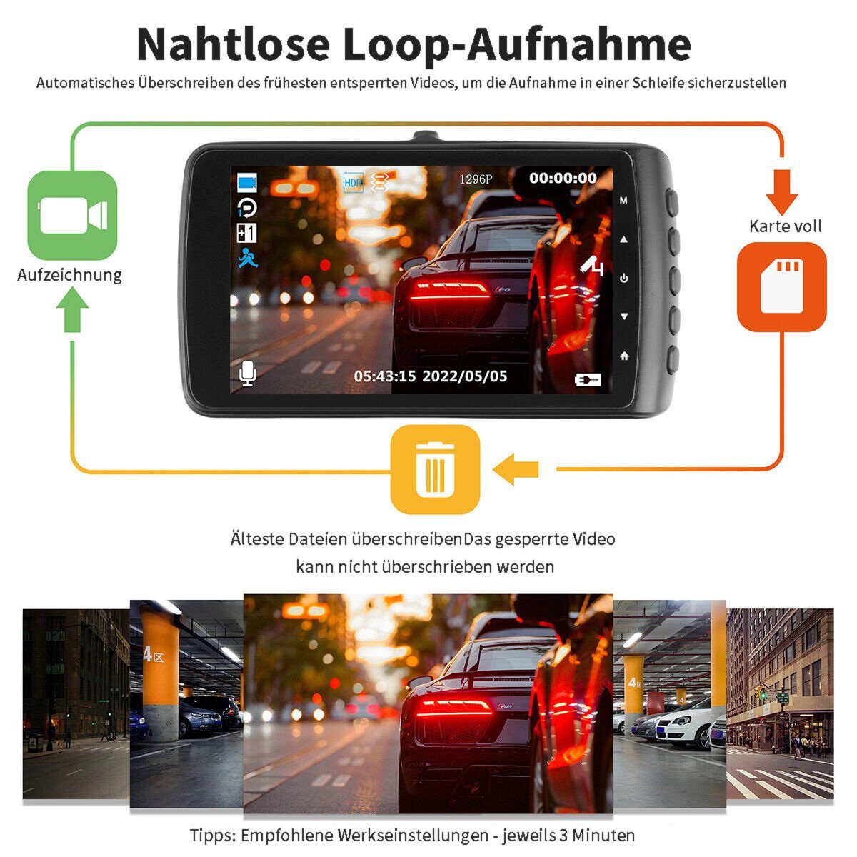 yozhiqu Auto-High-Definition-4-Zoll-Fahrrekorder mit Saugnapf Dashcam (Hochauflösendes 1080P-Nachtsicht-Rückfahrbild mit zwei Linsen)