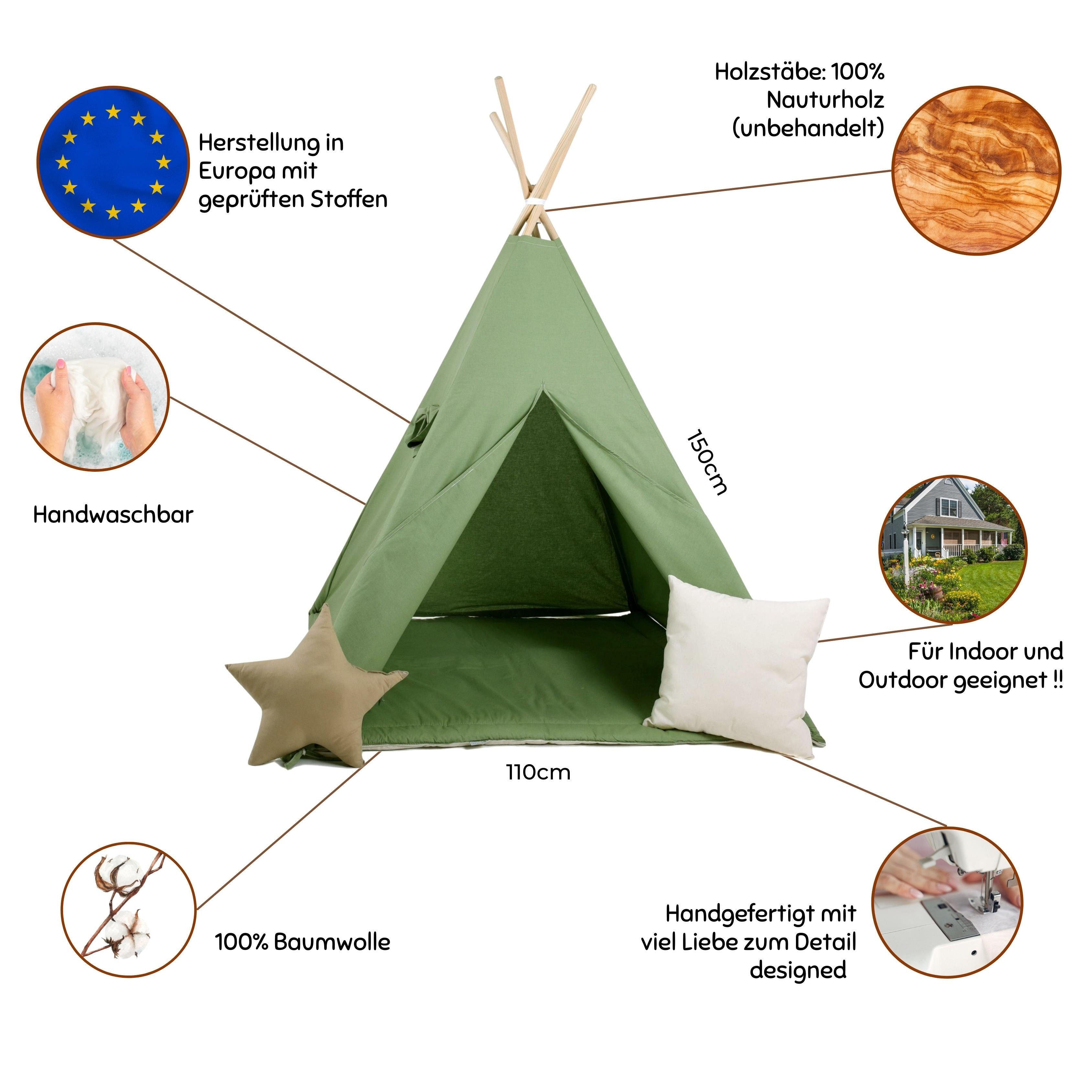 Rainbow Kids Tipi-Zelt Waldgeist, Personen: 2 (mit kleinem Zubehör, 4 tlg., mit 2 Kissen und Matte)