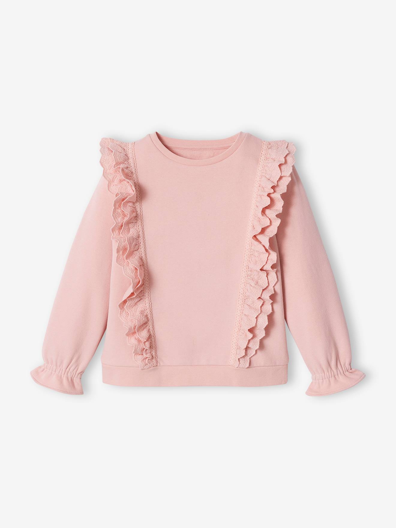 Sweat à volants brodés fleurs fille rose poudré
