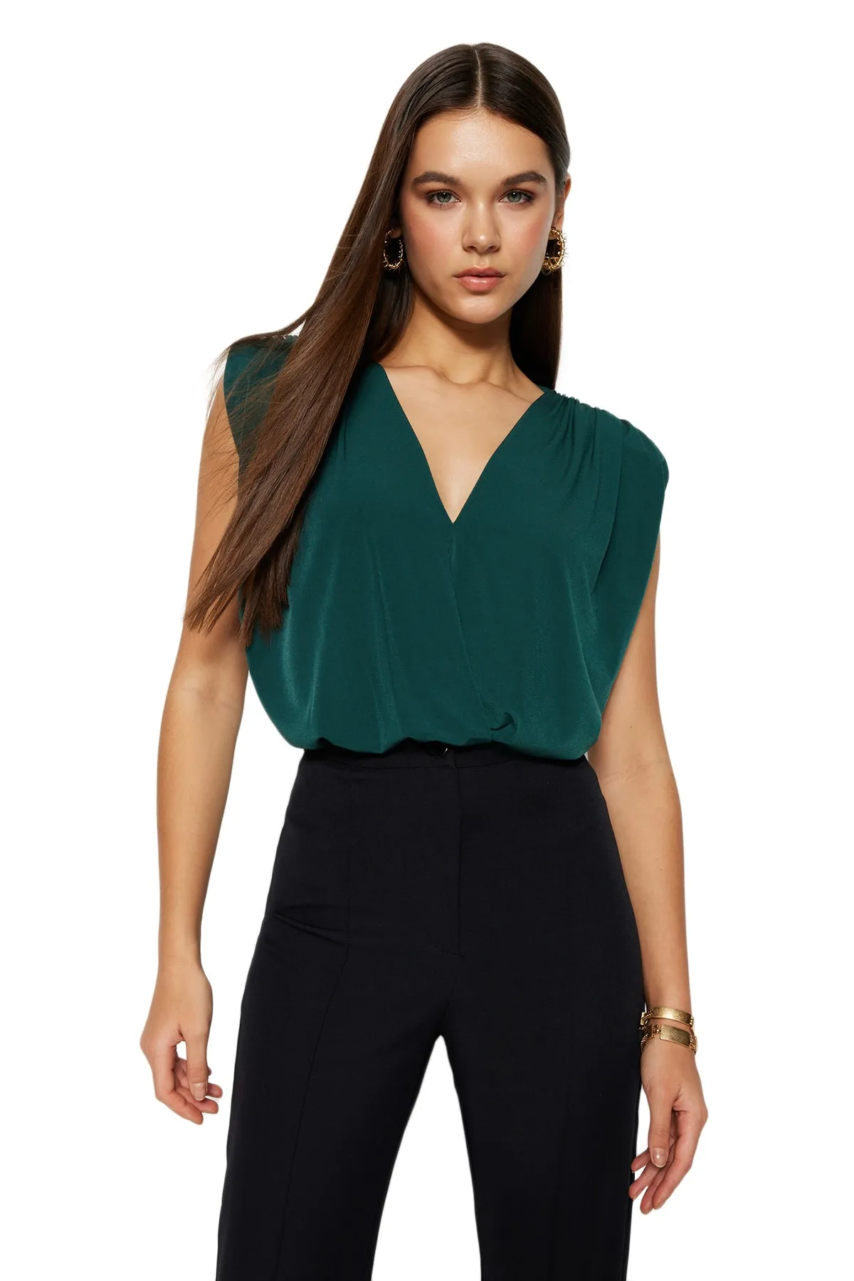 Trendyol Collection  Smaragdgrüner, gepolsterter, zweireihiger Kragen, flexibler Strickbody mit Druckknöpfen TWOSS23BD00007