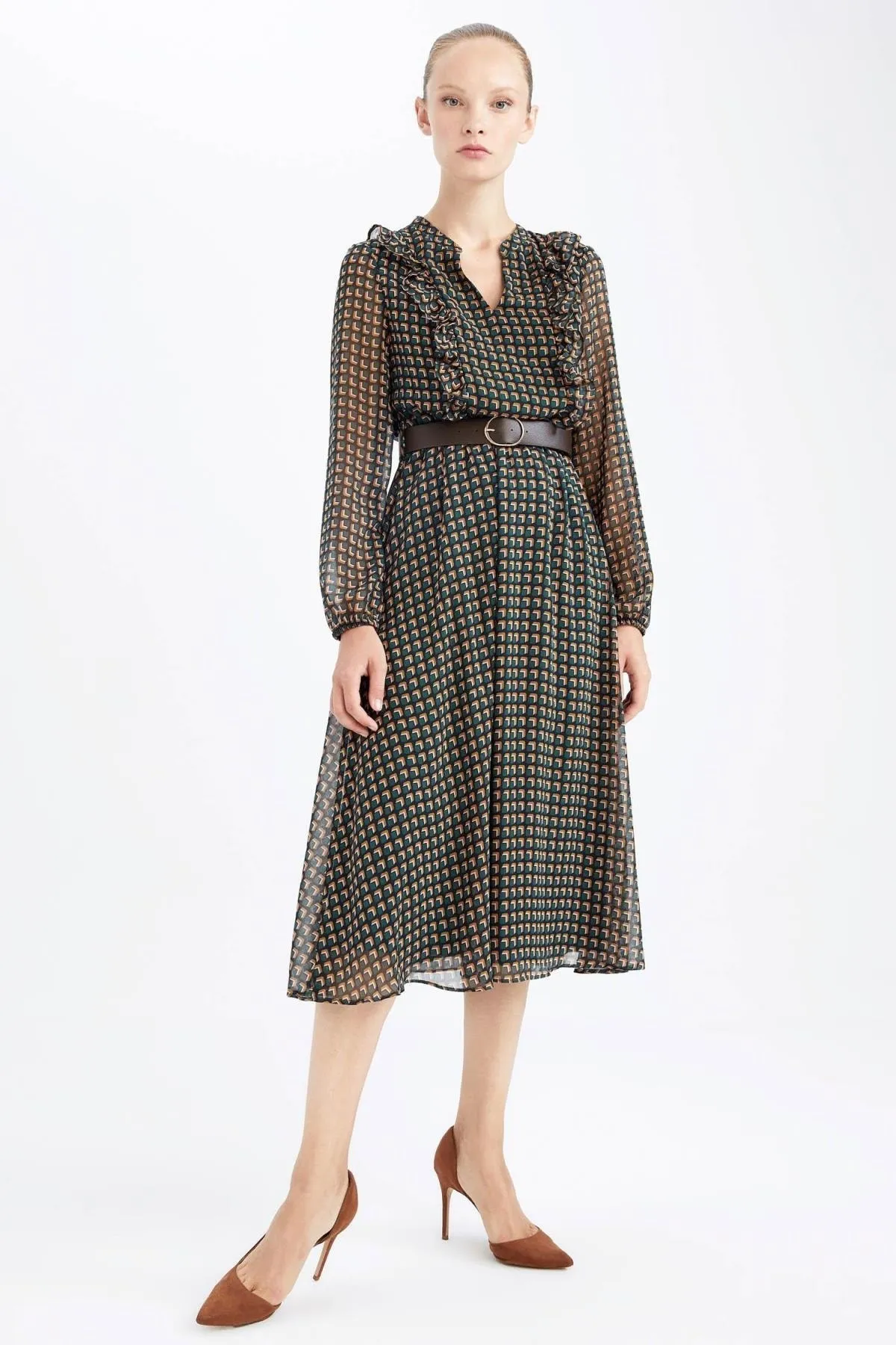 DeFacto  Bedrucktes Maxi-Langarmkleid aus Chiffon