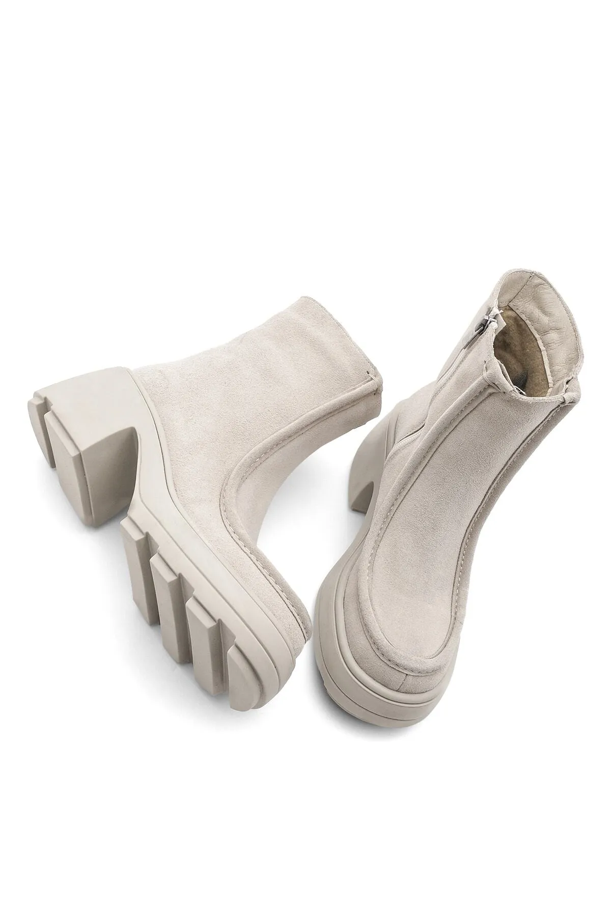 Marjin  Damen Lederstiefel mit Absatz und Reißverschluss Bevaz Beige Wildleder
