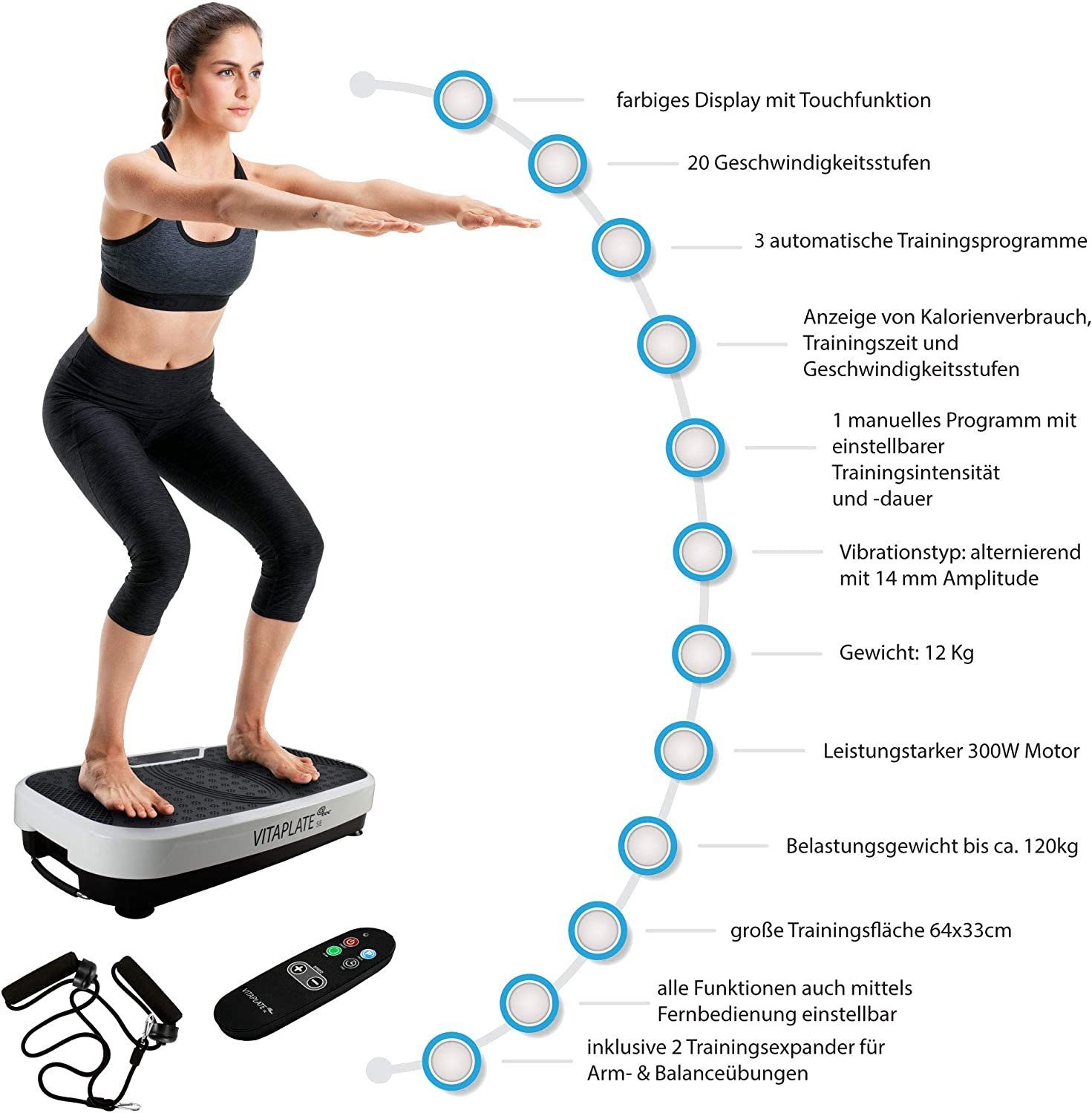 @tec Vibrationsplatte Vitaplate SE, 300,00 W, 20 Intensitätsstufen, Vibration-Trainings-Gerät, Fitnessstation, effektiver Vibrationstrainer, große Trainingsfläche, Display, Fernbedienung, Fett-Verbrenner