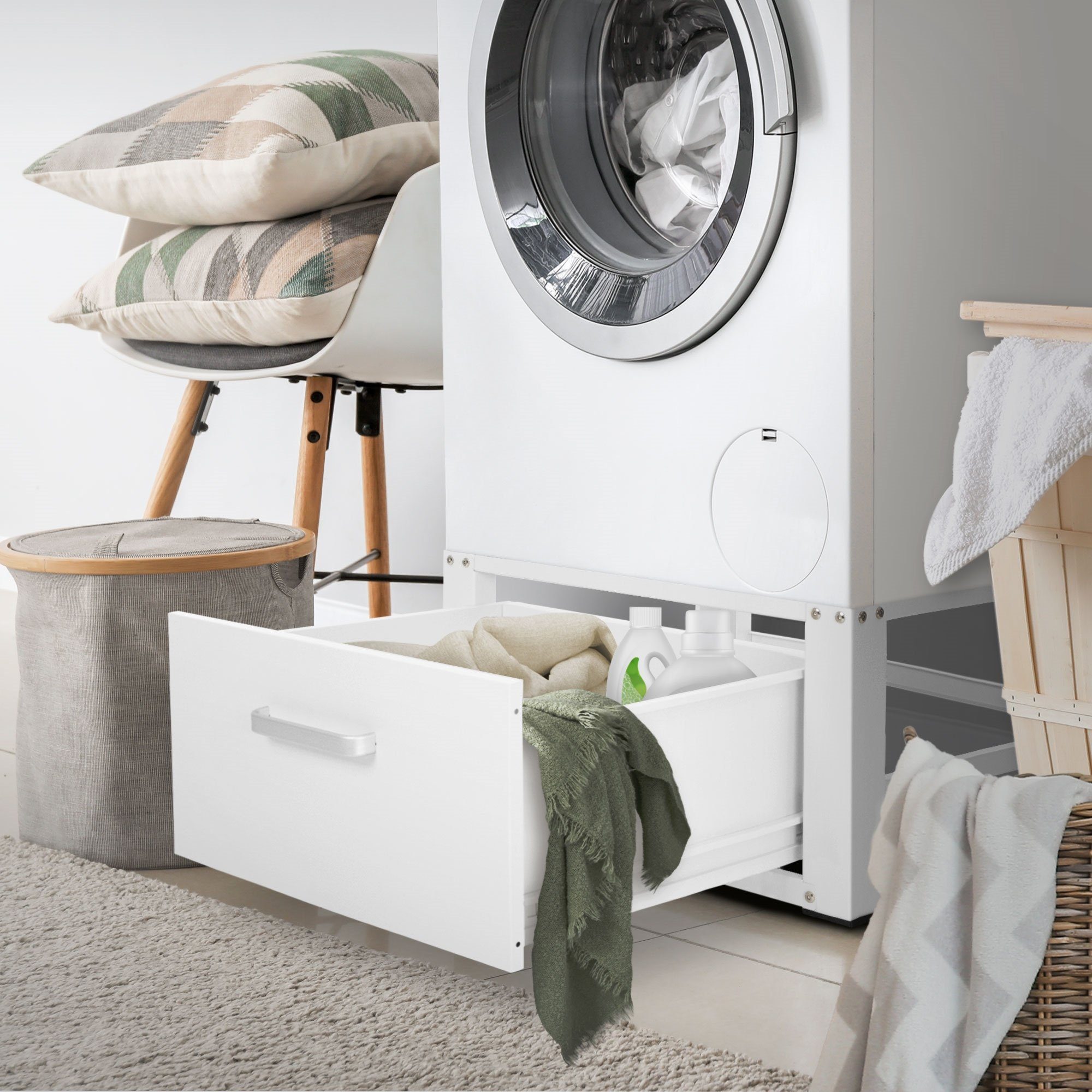 ML-DESIGN Waschmaschinenuntergestell Waschmaschinen Untergestell mit Schublade 63x54cm Weiß aus Stahl