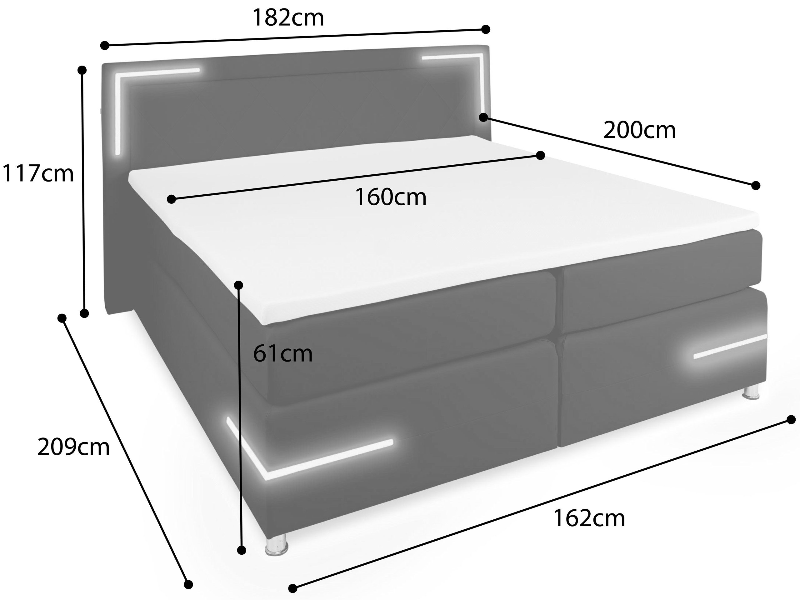 wonello Boxspringbett Arizona, mit LED Beleuchtung und Topper, wahlweise mit Bettkasten