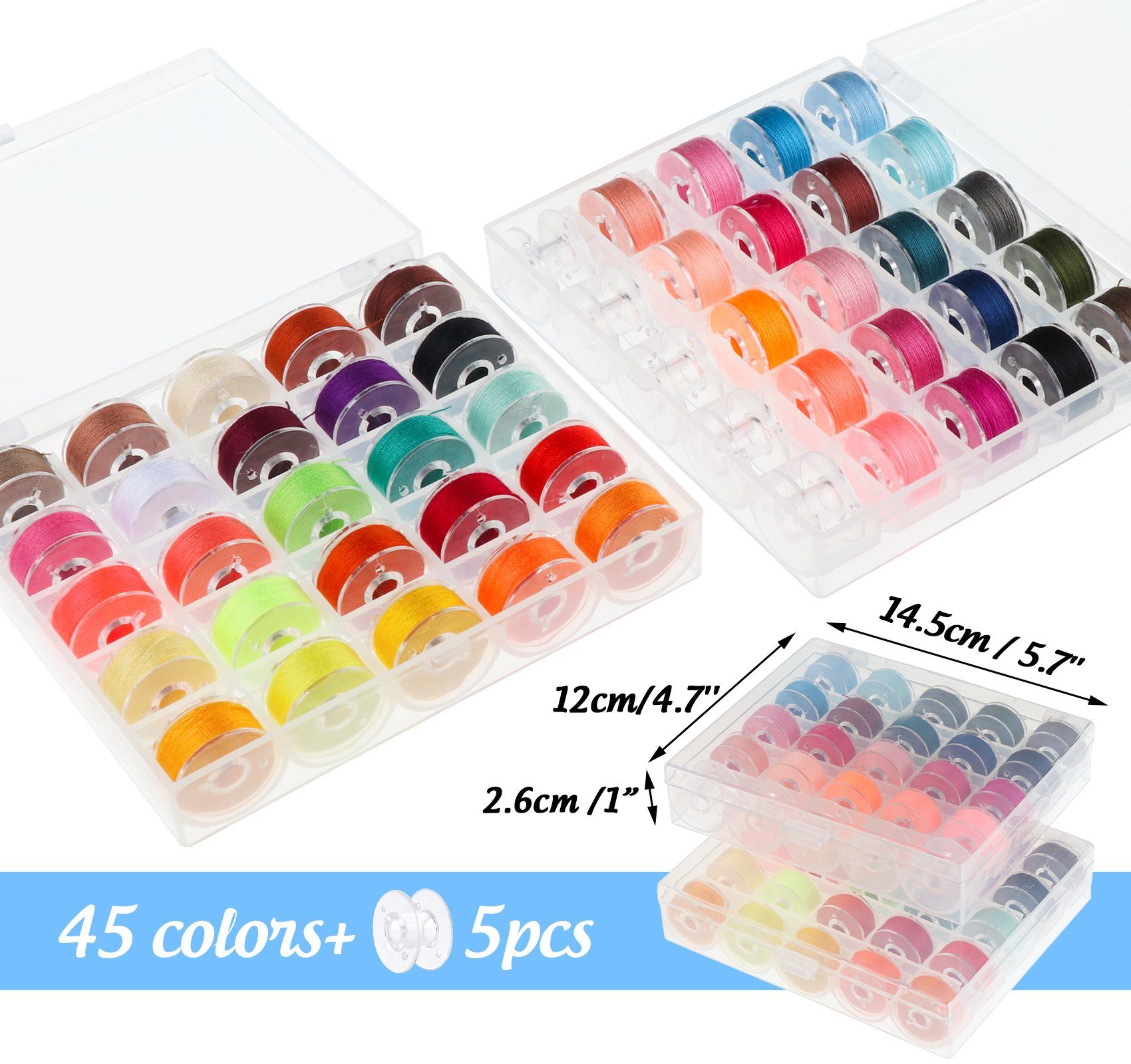 Homewit Nähgarn Sortiment Set Nähmaschinengarn Unterfadenspulen Garn Nähgarn, (Set, 45-St., 45 Nähgarn-Spule, 45 Vorgewickelte Spulen, 5 Leere Spulen), 400 Yard je 45 Farben Garnrollen