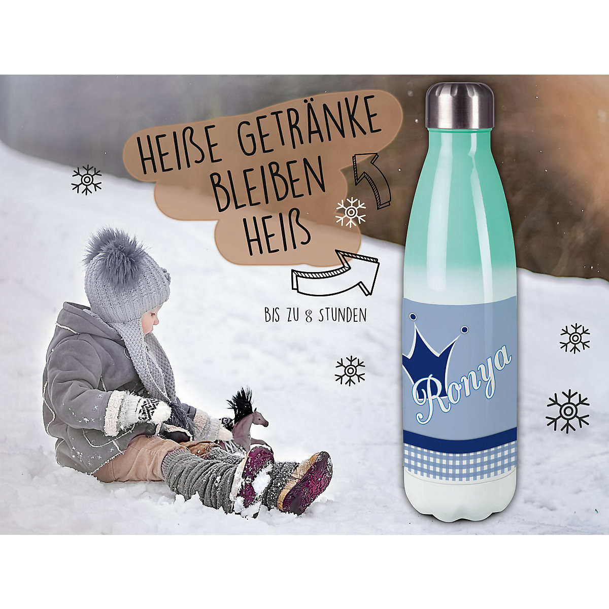 Edelstahl Kinder Thermoflasche / Trinkflasche bunt Krone Farbe blau Spülmaschinenfest, Auslaufsicher, Bruchfest, Doppelwandig, Für Heißgetränke geeignet, Mit Deckel, Isoliert