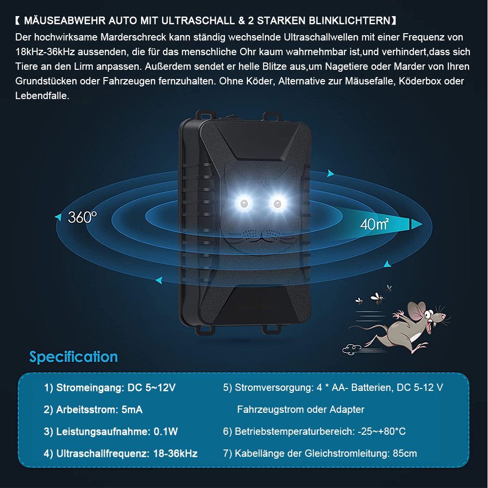 XIIW Ultraschall-Tierabwehr Marder-Frei Marderschreck- für Dachboden, KFZ, Haus, Auto, Garten, Garage, Carport, Dachboden - Marderabwehr Marderschutz mit Ultraschall Blitzlicht Auto batteriebetrieben