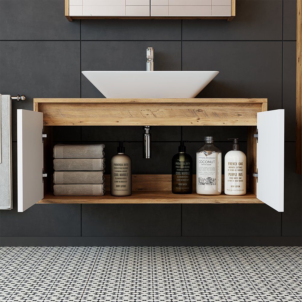 Roomart Badmöbel-Set, (Badmöbel Set 3-teilig 100cm Unterschrank mit Waschbecken Spiegelscrank)