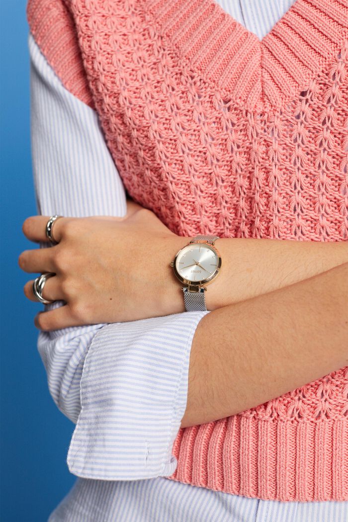 Zweifarbige Uhr mit Mesh-Armband und Zirkonia