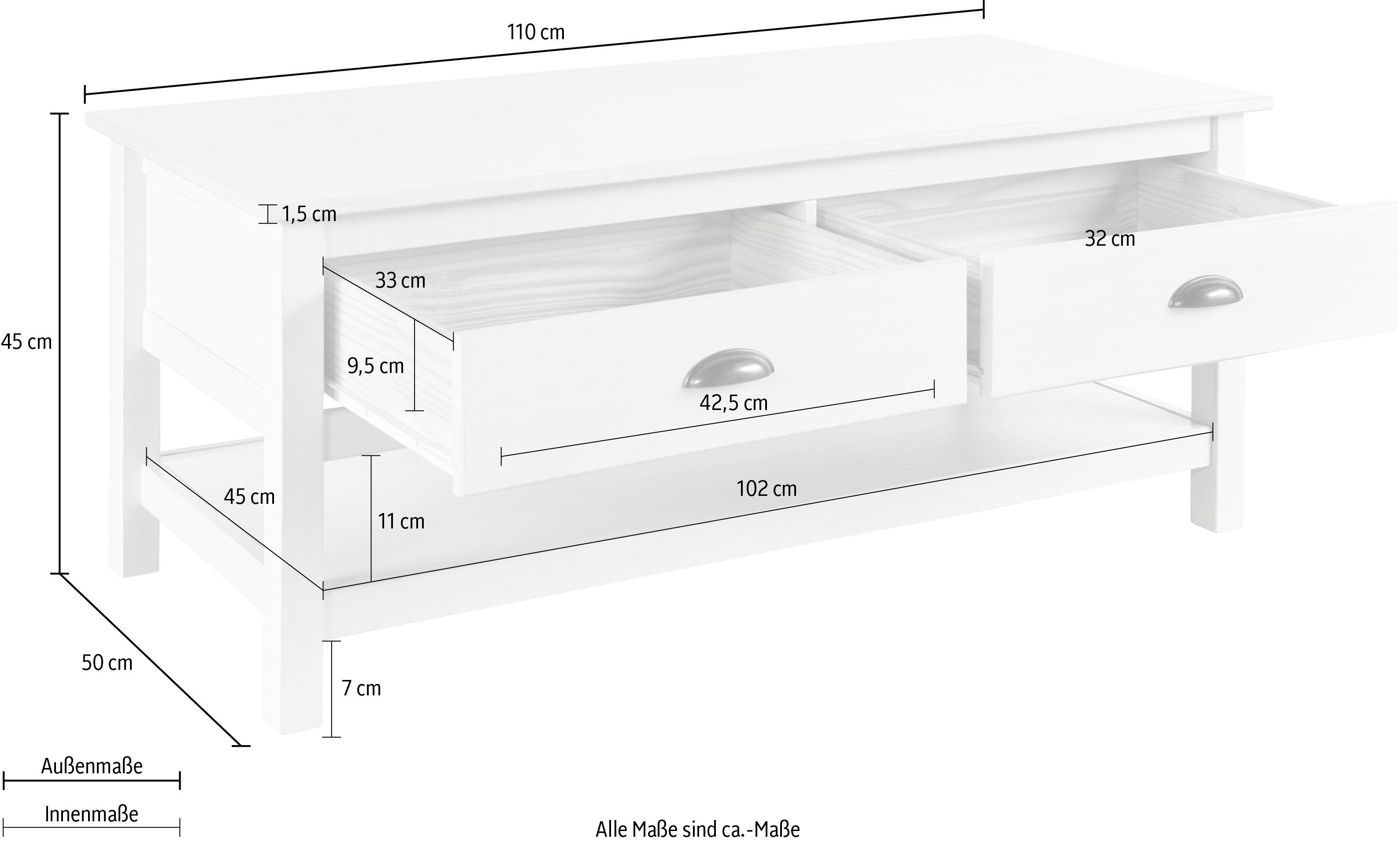 Home affaire Couchtisch Schröder, mit 2 Schubladen und 1 Einlegeboden, aus massivem Kiefernholz