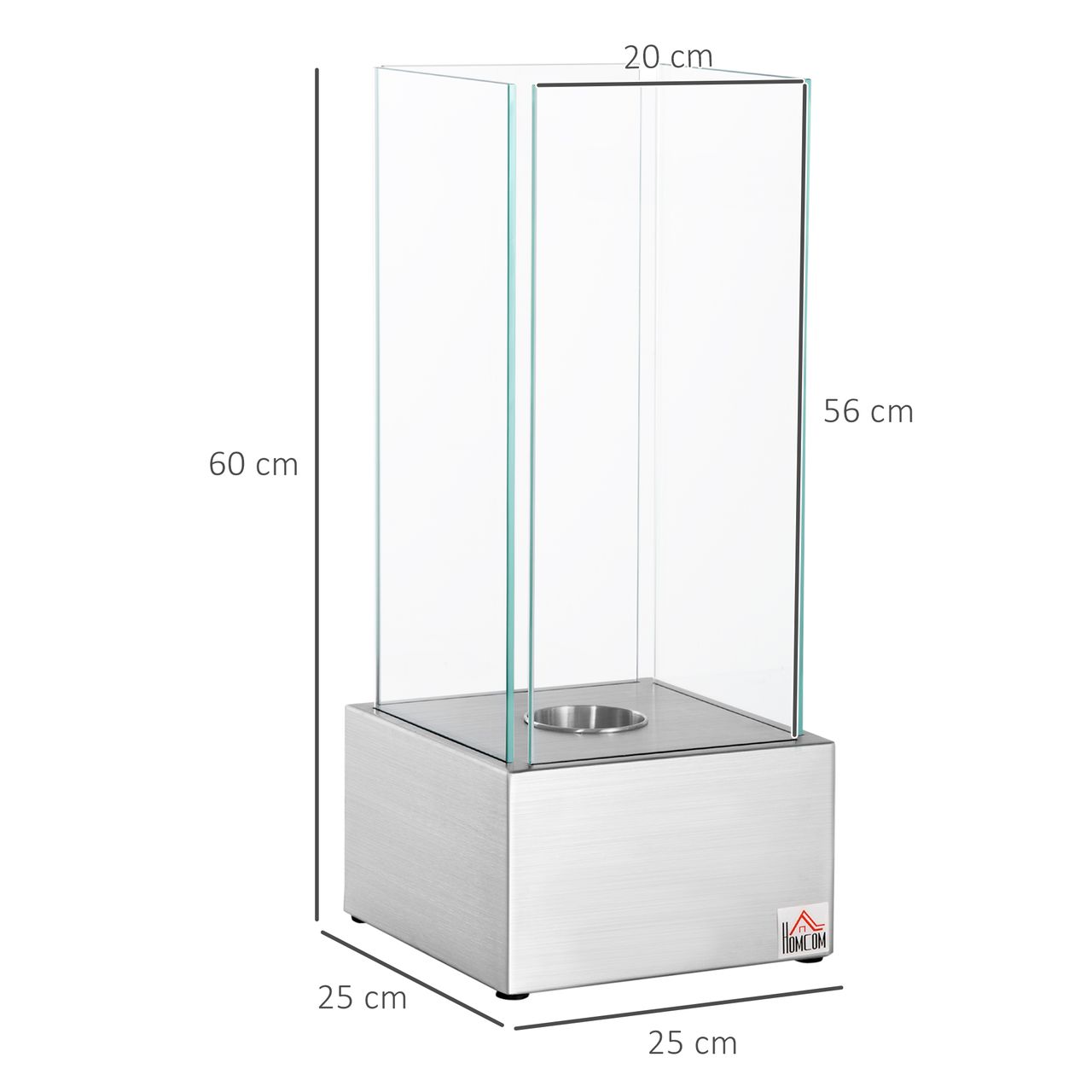 HOMCOM Ethanol-Kamin Feuerschale Bio-Ethanol-Brenner 0,4L 2 Std. Brenndauer 15m² mit Feuerlöschdeckel Edelstahl Hartglas Silber 25 x 25 x 60 cm