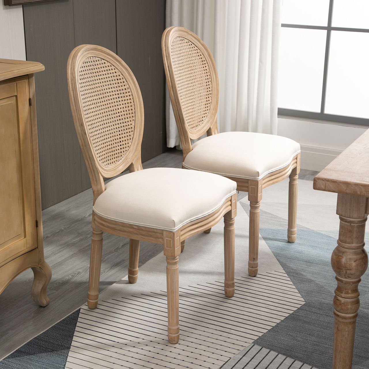 HOMCOM 2er Set Esszimmerstühle Küchenstuhl mit Rattan-Rückenlehne Linen-Touch
