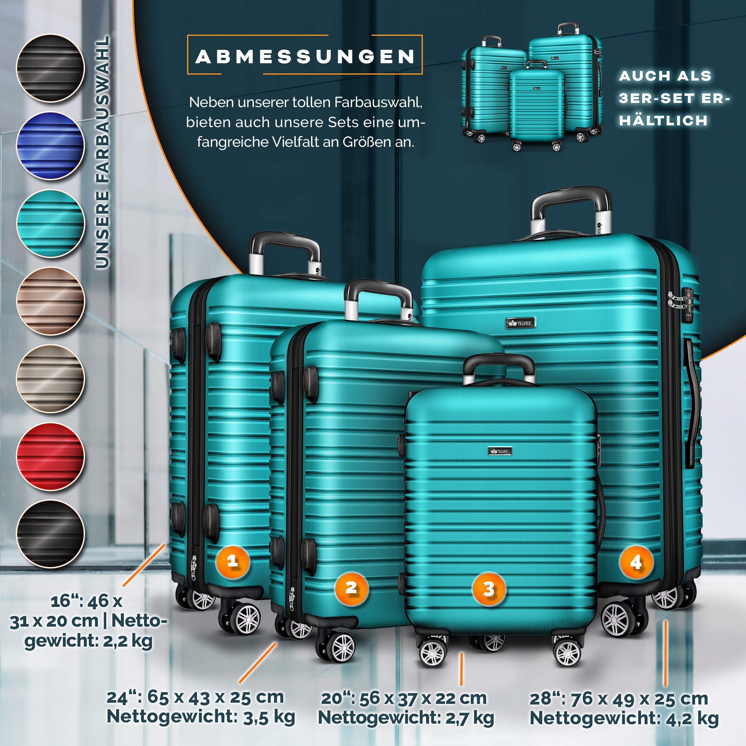 tillvex Kofferset Reisekoffer Set 4-teilig mit Gepäckwaage, Koffergurte, (und Kofferanhänger Hartschale Kofferset mit 4 Rollen, Trolley Gepäck Koffer mit TSA Schloss Rollkoffer)