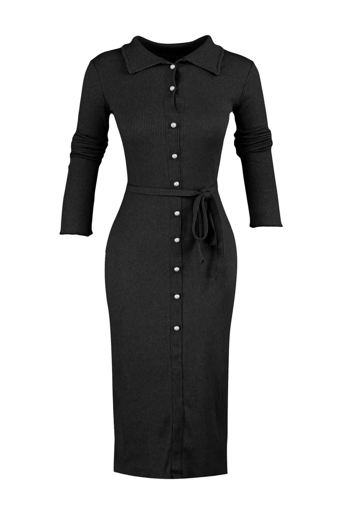 Trendyol Collection  Schwarzes, langärmeliges, geripptes, dehnbares Midi-Strickkleid mit Polokragen und Knöpfen TWOAW23EL00115