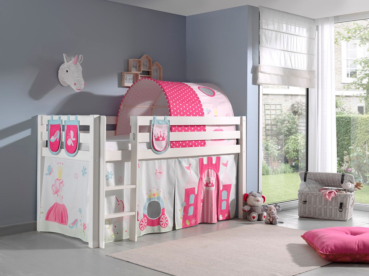 VIPACK Spielbett Pino mit Textilset Vorhang, Tunnel und 3 Taschen 