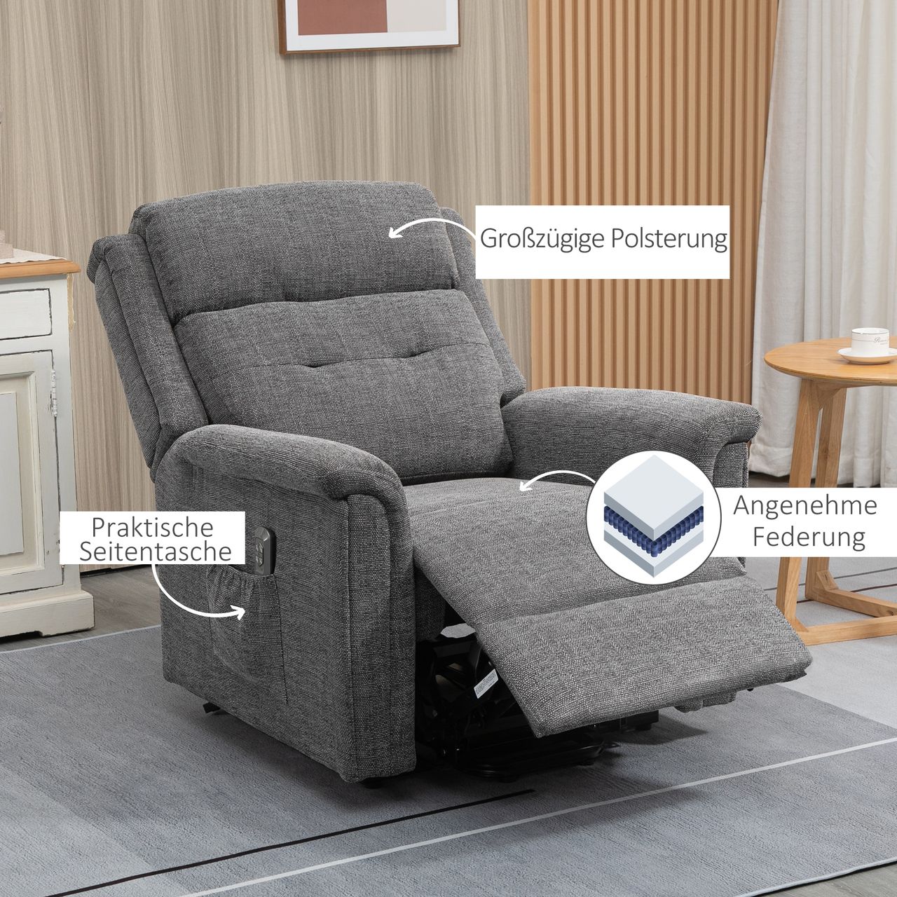 HOMCOM Elektrischer Aufstehsessel mit 2 Motoren Fernsehsessel Relaxsessel mit Liegefunktion Sessel mit Aufstehhilfe Seniorensessel mit Fernsteuerung mit Leinen-Optik Grau 89 x 96 x 108 cm