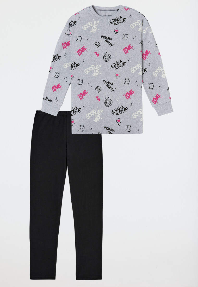Schlafanzug lang Interlock Shirt mit Leggings Graffiti grau-meliert - Nightwear