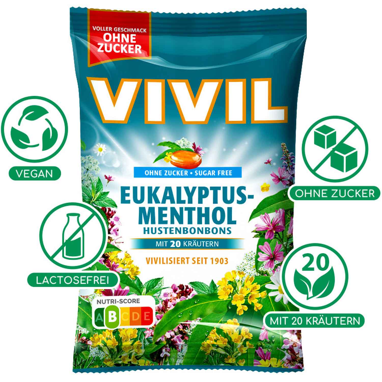 Vivil Hustenbonbons Eukalyptus-Menthol ohne Zucker 120g