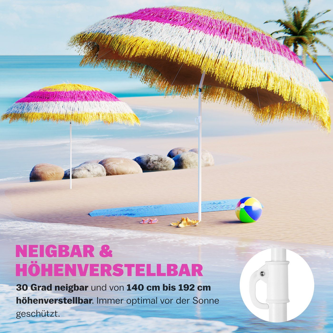 Kingsleeve Sonnenschirm, 160 cm Neigbar Höhenverstellbar Erdspieß Robust Standsicher leichter Transport Hawaiischirm Strandschirm Strandsonnenschirm