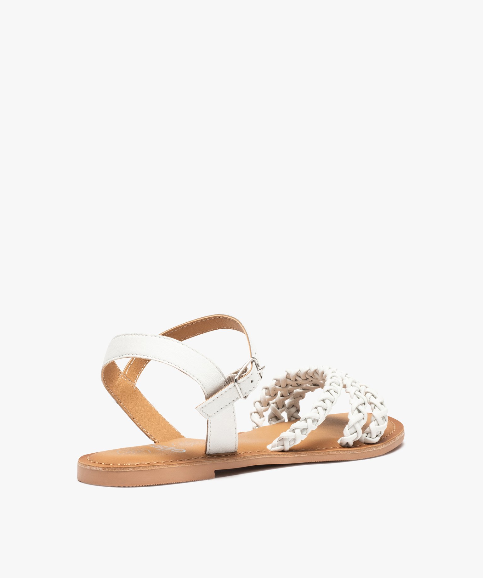 Sandales femme à talon plat et brides tressées en cuir blanc | GEMO