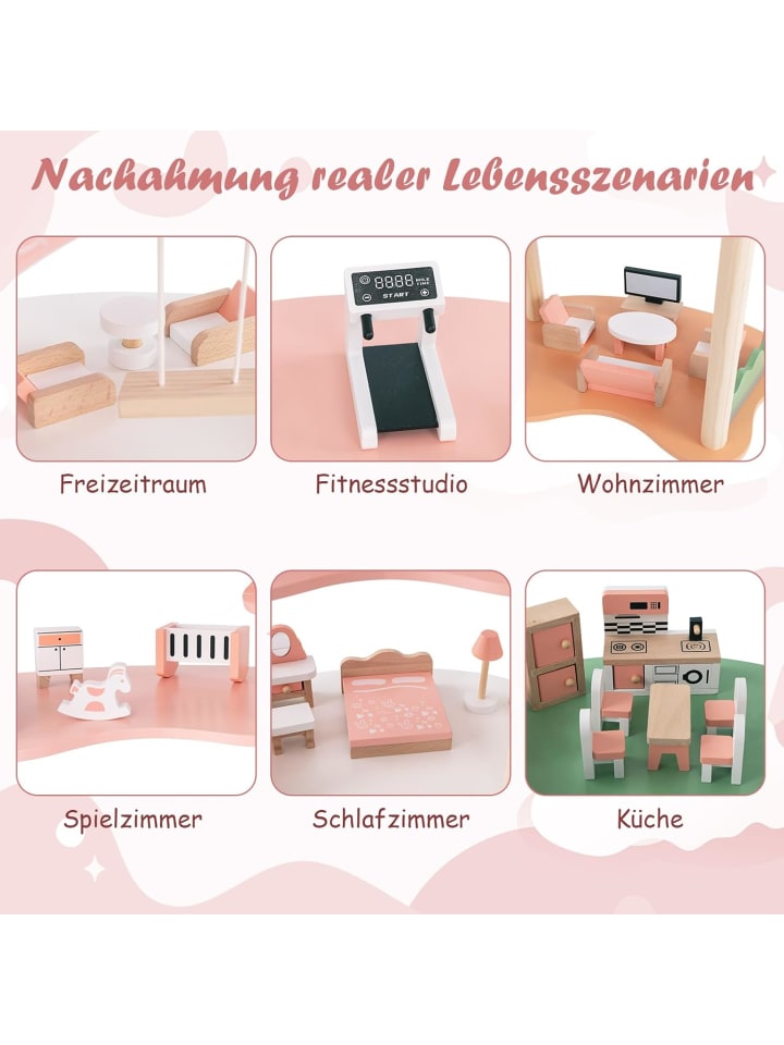 COSTWAY Puppenhaus Holz ab 3 Jahren in Rosa günstig kaufen onesize