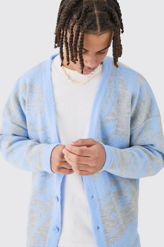 Kastiger Oversize Jacquard-Cardigan mit abstraktem Print