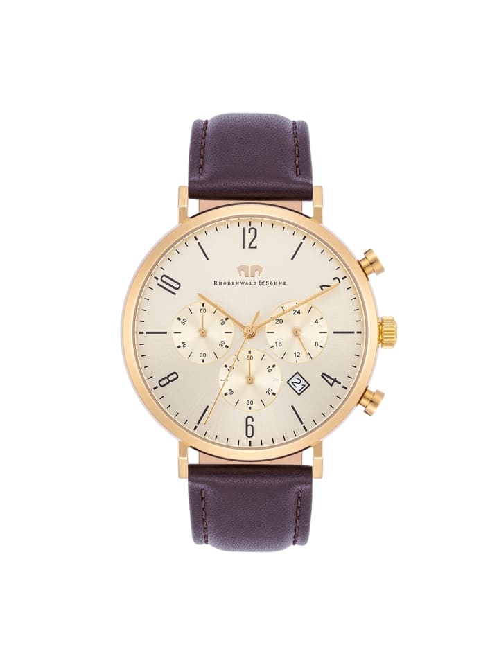 Rhodenwald & Söhne Herren Chronograph gelbgold Echtleder braun in braun günstig kaufen 21 cm