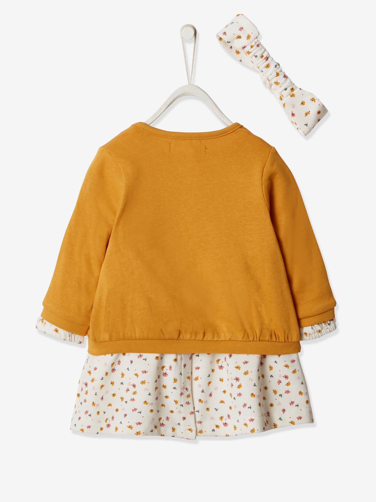 Ensemble 3 pièce robe + cardigan + bandeau bébé fille ivoire imprimé
