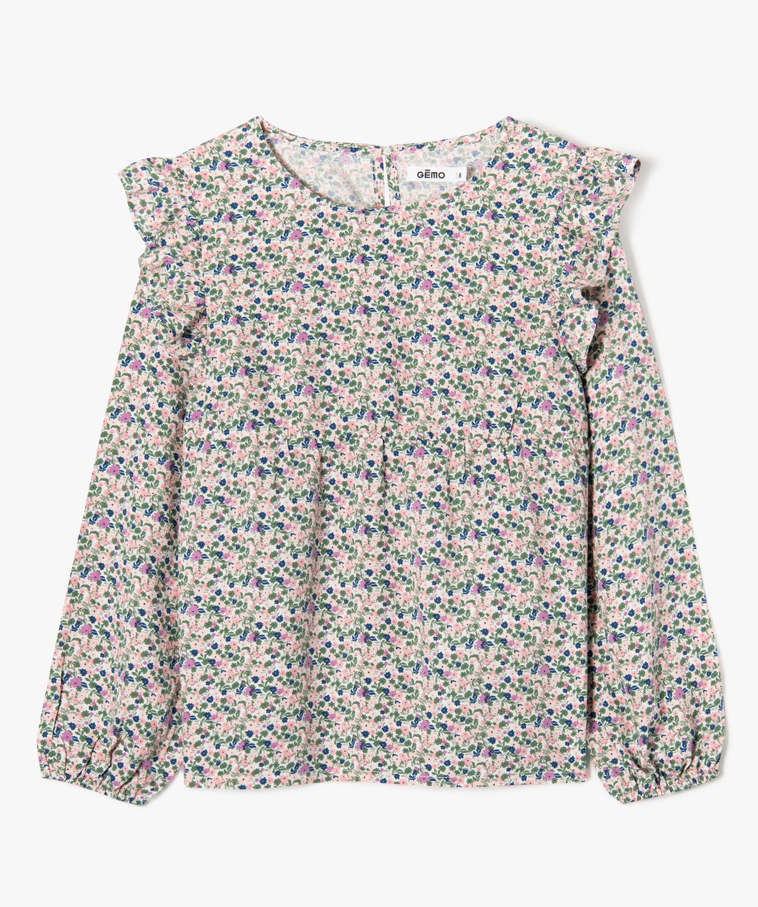 Chemise fleurie à manches longues et volants fille kaki | GEMO