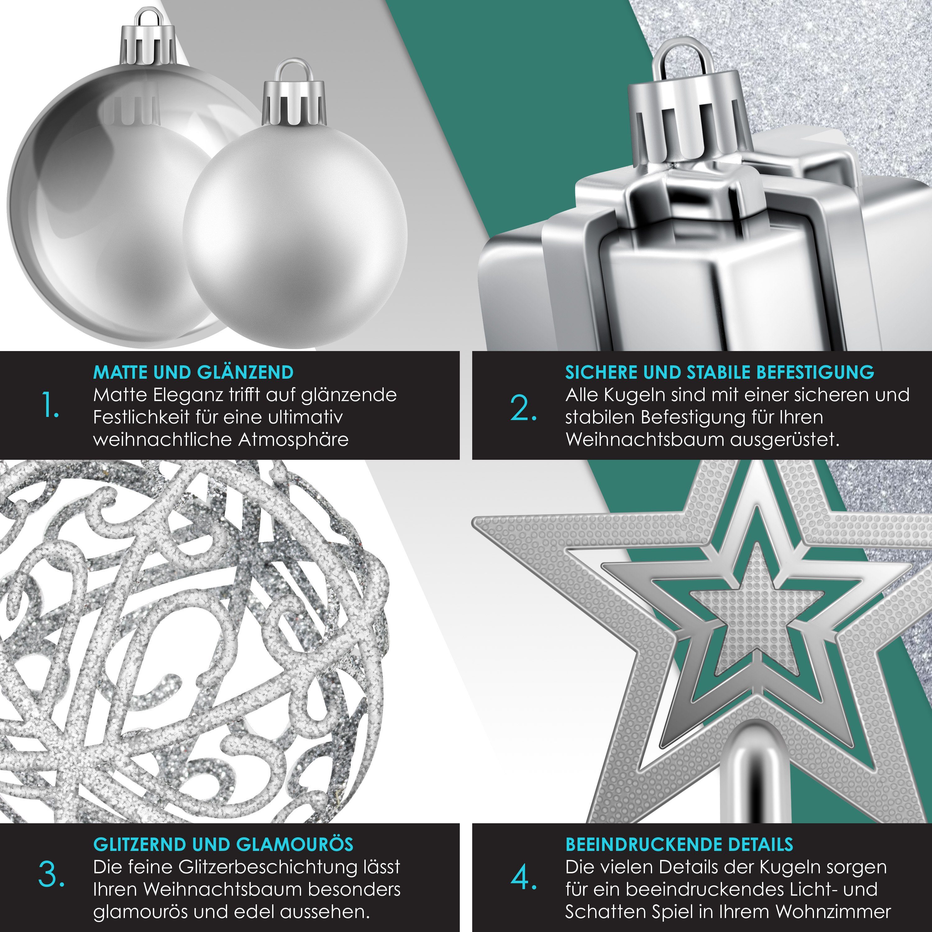 KESSER Christbaumschmuck (102-tlg), Weihnachtskugeln 102-teiliges Set Baumspitze Christbaumkugeln