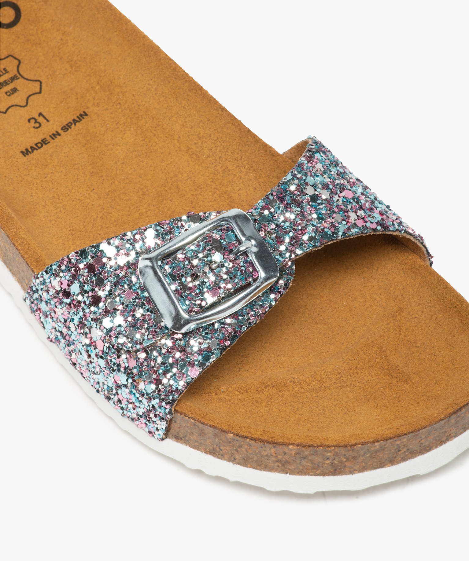 Mules fille à semelle liège et large bride à boucle noir | GEMO