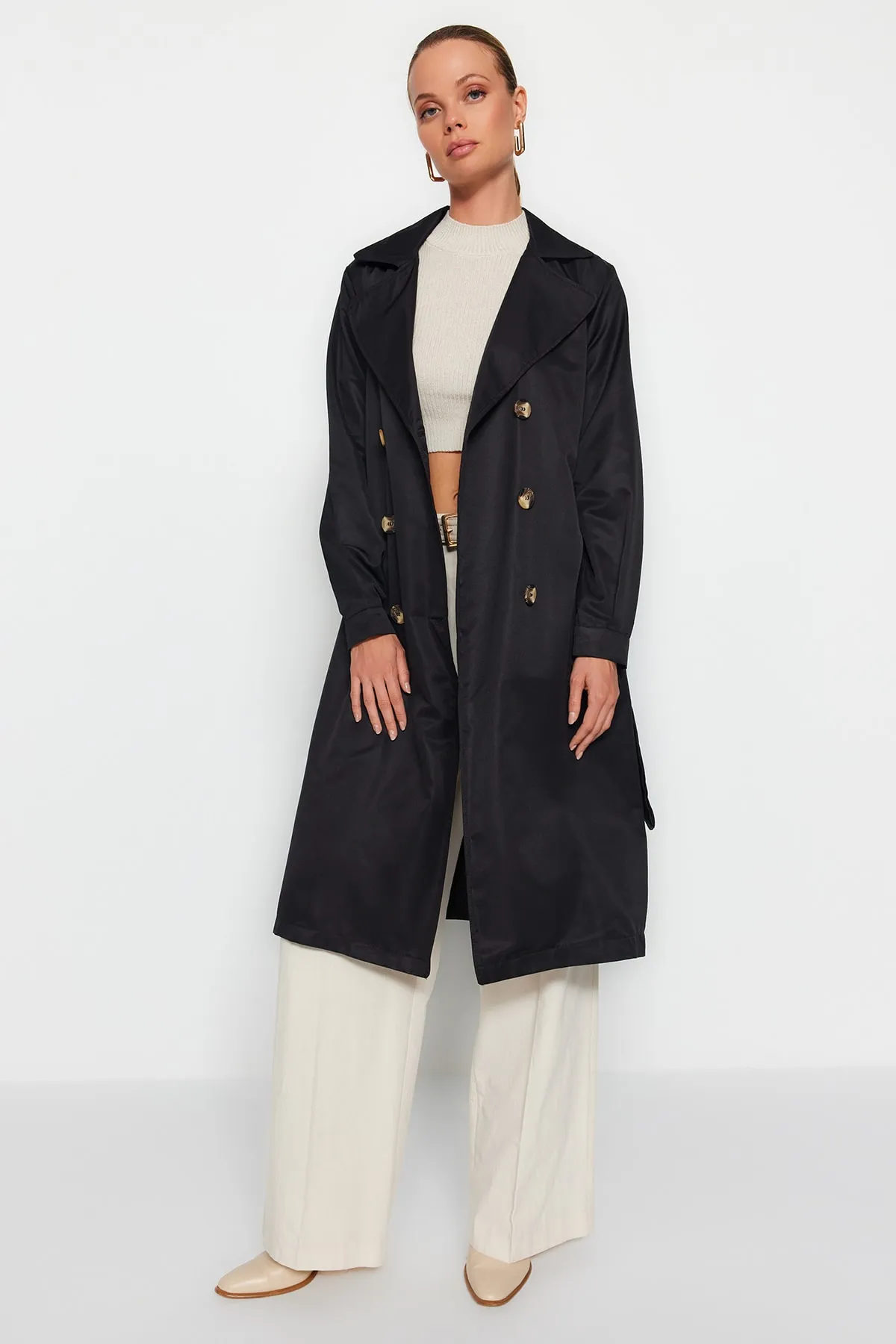 Trendyol Collection  Schwarzer, wasserabweisender, langer Trenchcoat mit Gürtel TWOAW24TR00003