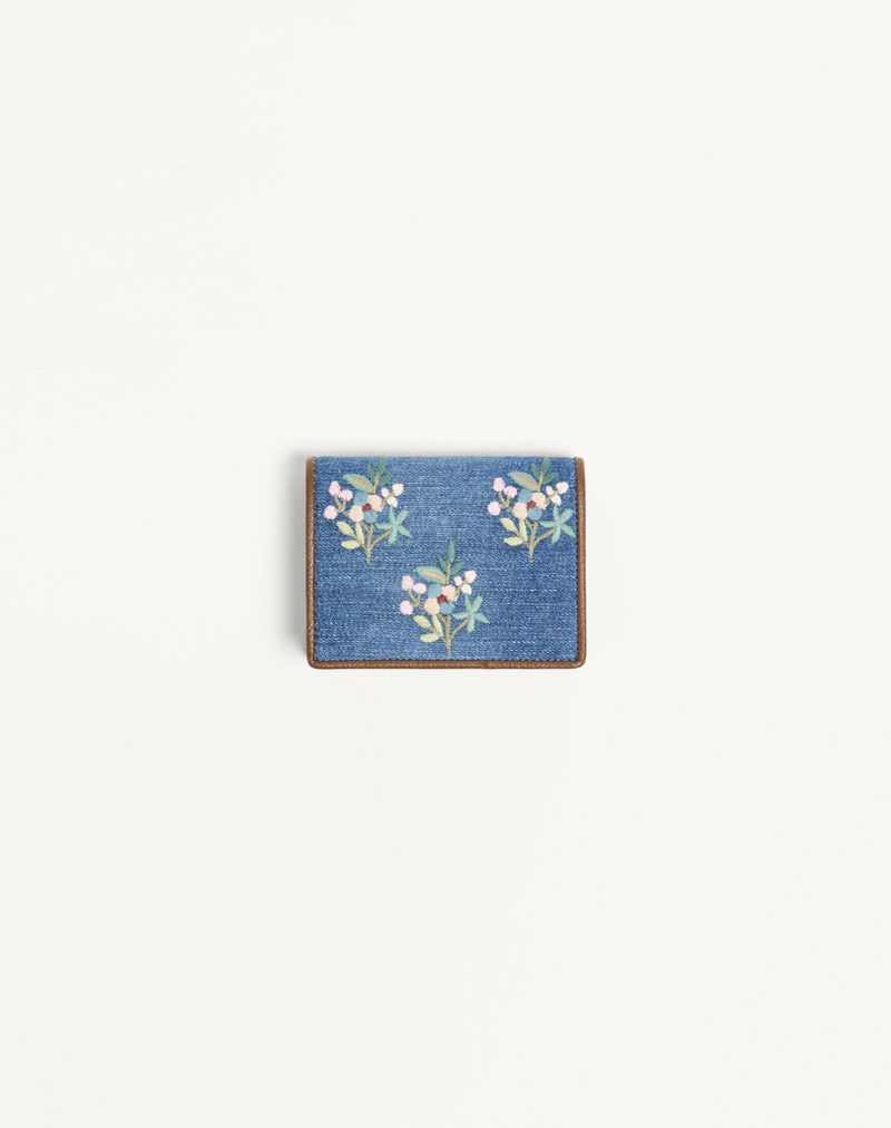 Carteira Valentino Garavani VLogo Signature em jeans com bordado floral