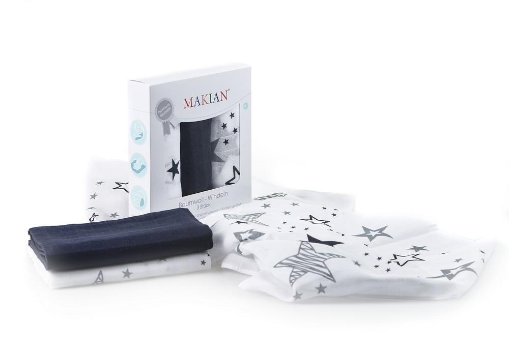Makian Mullwindeln in Geschenkverpackung, 3er Set, Design Sterne/blau, 80x80cm